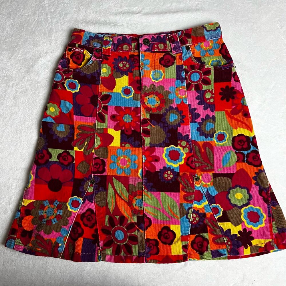 The Children's Place Vintage Y2K Corduroy A-Line Mod SKIRT Sz 10 Stretch Floral